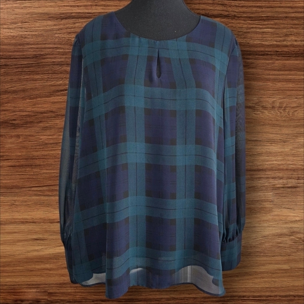 Cleo Blue and Green Plaid Blouse Keyhole Front And Sheer Sleeves With Cufffs Lrg